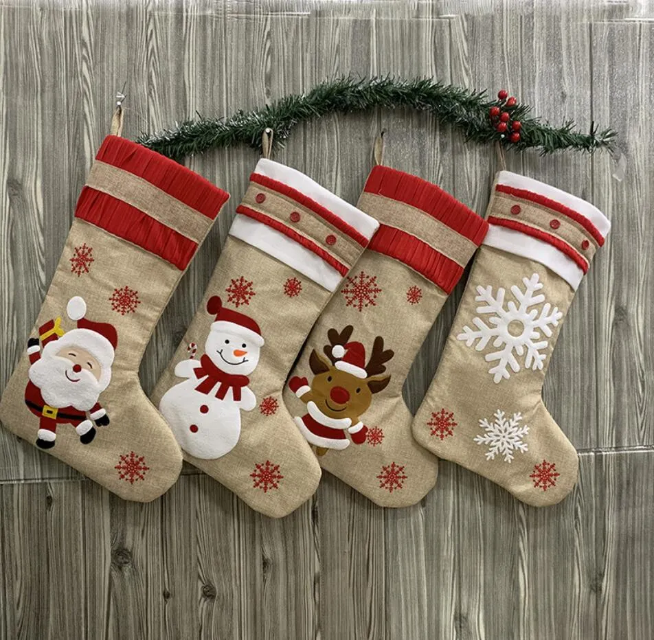 Leinwand-Weihnachtsstrumpf-Geschenktüten, Leinwand-Weihnachtsstrumpf, große Größe, Weihnachtsmann, Schneeflocke, Hirsch, einfarbig, Sackleinen, dekorative Sockentasche