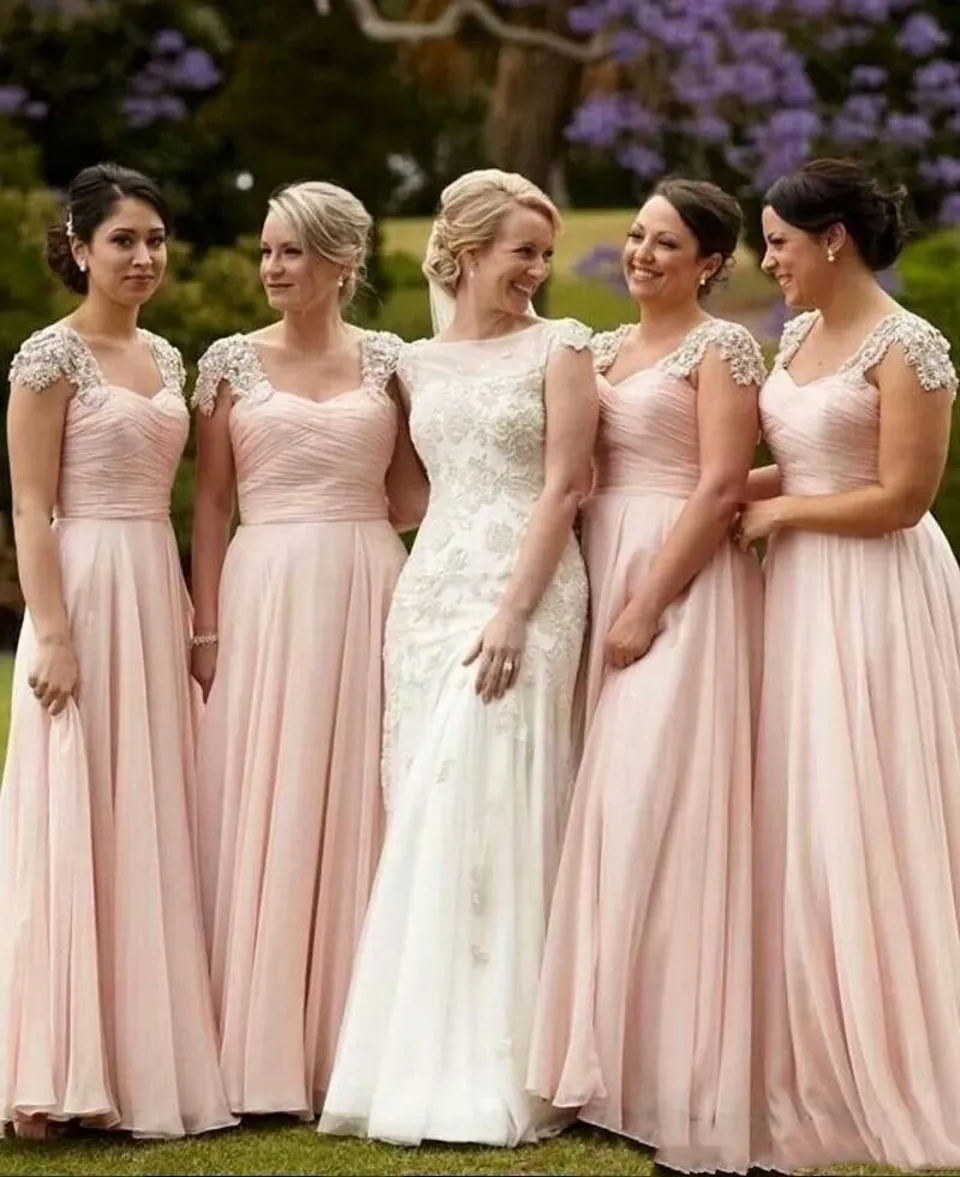 Elegant Meat Pink Bridesmaid Dresses Long Chiffon Gown Tan Country Style Beach Maid Of Honor Party Gowns Wedding Formal Wear