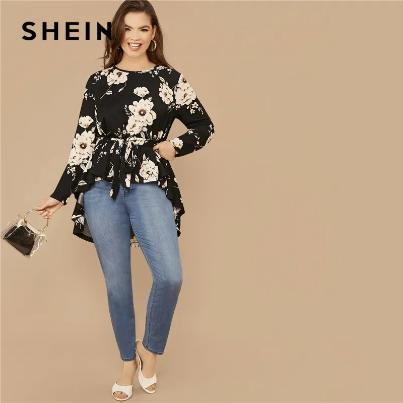 SHEIN Plus Size Black Floral Print High Low Hem Belted Top Women