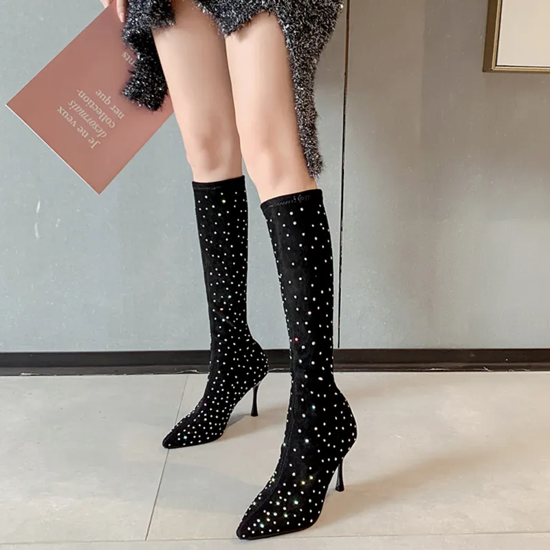 Mode femmes genou bottes chaussettes chaussons bout pointu mince talons hauts sans lacet bottes Sexy robe de soirée strass automne