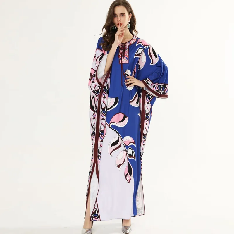 Women's Runway Dresses O Neck Batwing Sleeves Floral Printed Loose Design Elegant Maxi Long Casual Dresses Robes