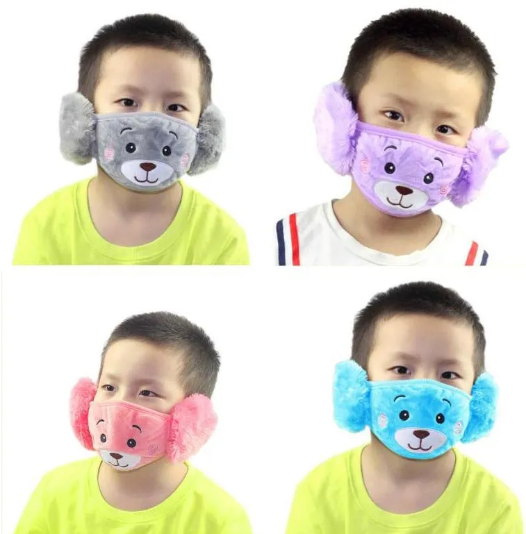 Enfants dessin animé ours visage masque hiver chaud en peluche bouche masque avec cache-oreilles pour garçons filles enfants dessin animé ours visage masque hiver 2 en 1 masques