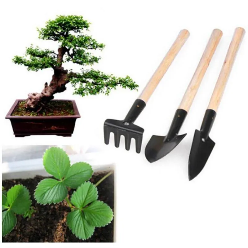 3pcs / set Mini Shovel Rake Set Portable Garden Tool Bonsai Verktyg Trähandtag Metal Head Shovel för