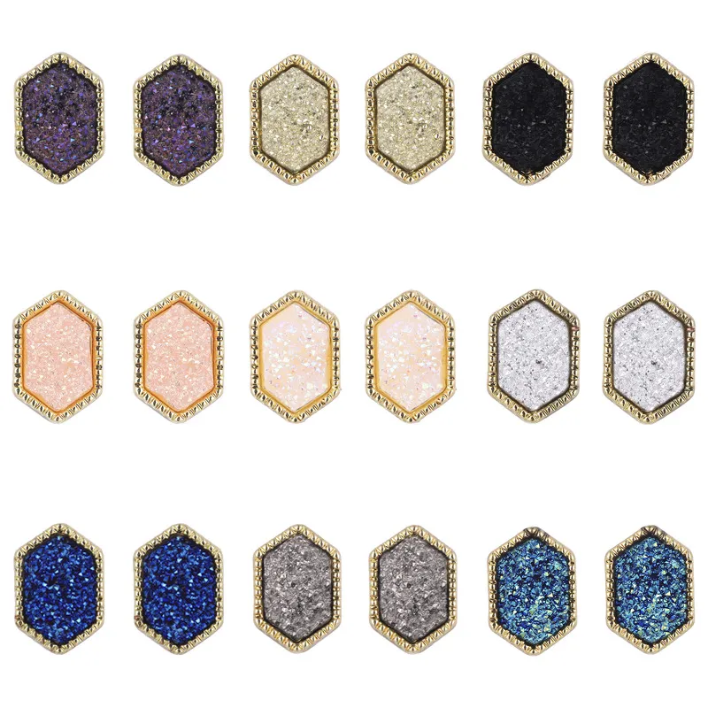 Fashion druzy drusy earrings gold plated Polygon Hexagon Geometry faux natural stone resin earrings for women jewelry