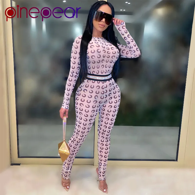 PINEPEAR انظر من خلال Mesh Crescent Moon Print Rompers Womens Phemensuit Long Sexy Party Club Outsits Dropshipping T200810