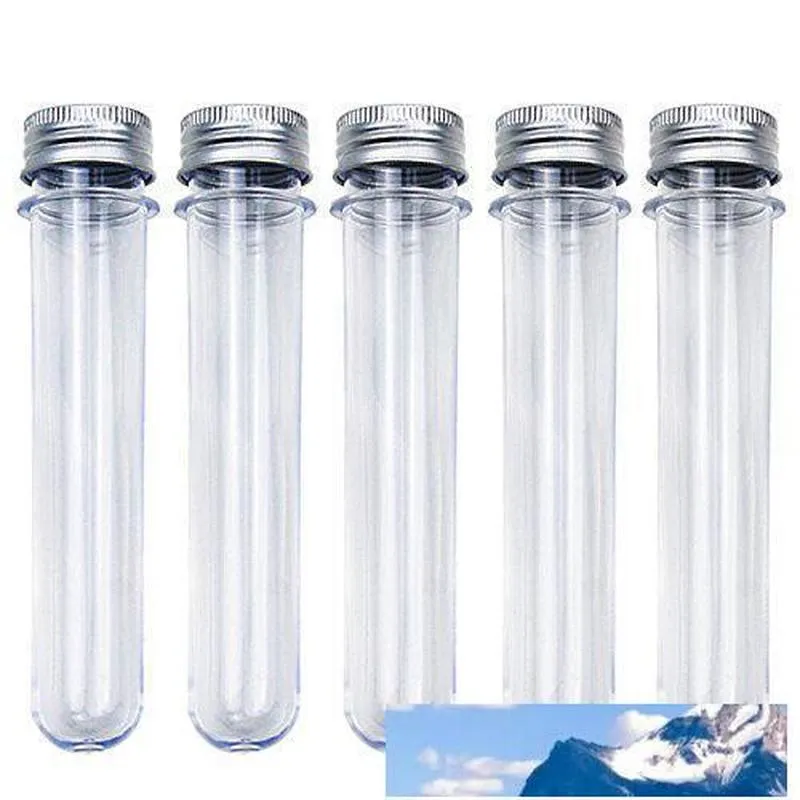 Duidelijke plastic reageerbuizen met zilveren schroefkappenbuis, badzoutcontainers, snoepopslag, 40ml
