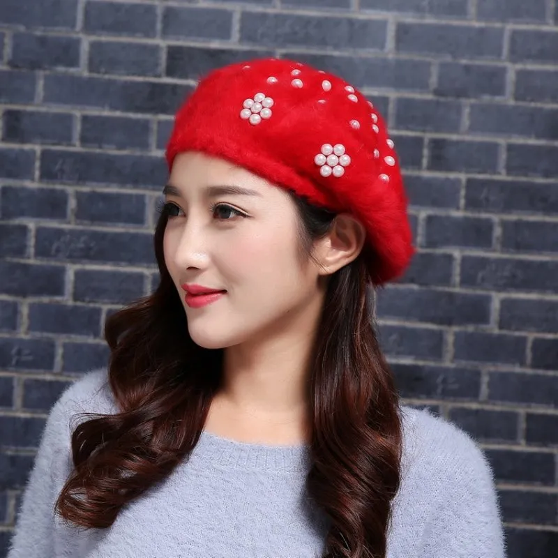 2020 New Brand Design Women Warm Berets Adorn Faux Pearls Angora Style Pure Colors Winter Outdoor Beanie