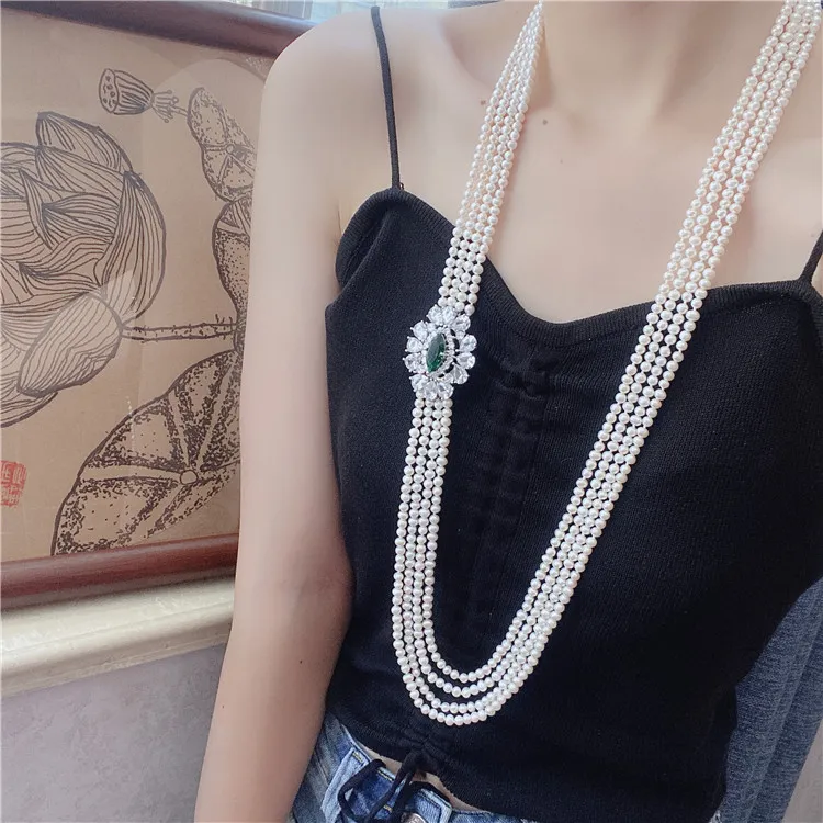 Hand knotted 85-95cm sweater chain 4strands 4-5mm white freshwater pearl micro inlay zircon accessories pearl pendant necklace