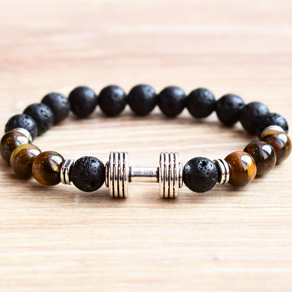 MG0776 `s dos homens da aptidão Dumbbell Charm Bracelet 8 milímetros Tiger Eye Lava Pulseira Pedra levantamento de peso Jóias Body Building Formação