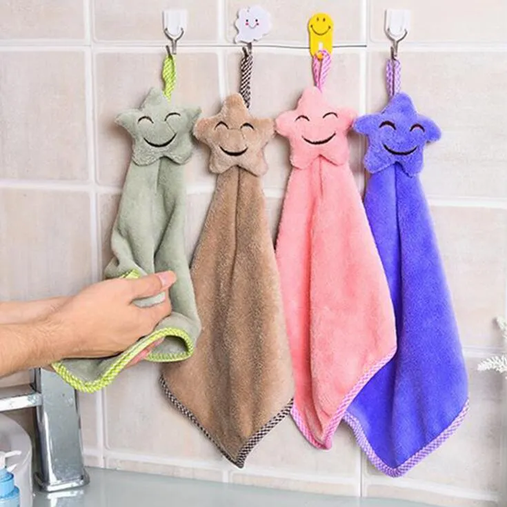 Hoomall 1pc Cartoon Kitchen Bathroom Cute Hanging Soft Absorbent Cloth Smile Star Hand Towel Dish Cloth Baby Kids Wipe Hand