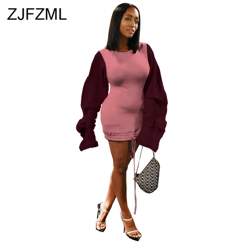 Ruffle Puff Sleeve Casual Hoodie Dress Women Drawstring Split Long