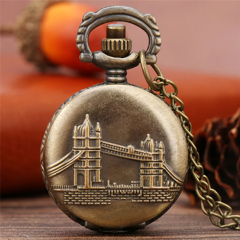 Винтажная бронза 3d Великобритания Лондонский башня моста тема чехол карманные часы кварцевые аналоговые часы с ожерельем цепь reloj de bolsillo