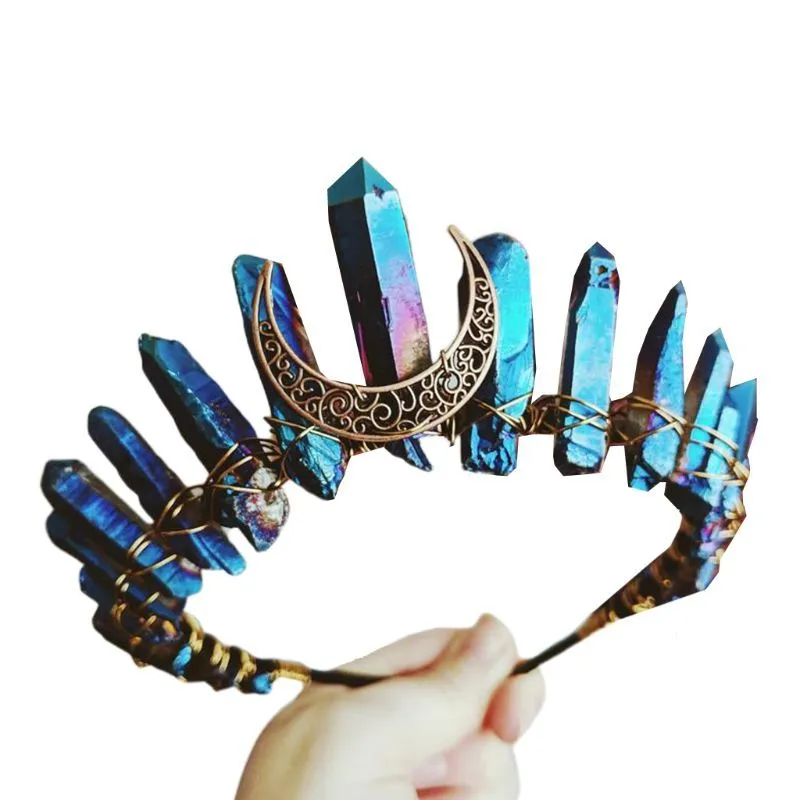 2020 Boho Vintage Witch Tiara Faux Raw Crystal Headband Alloy Moon Angel Aura Crown CX200819