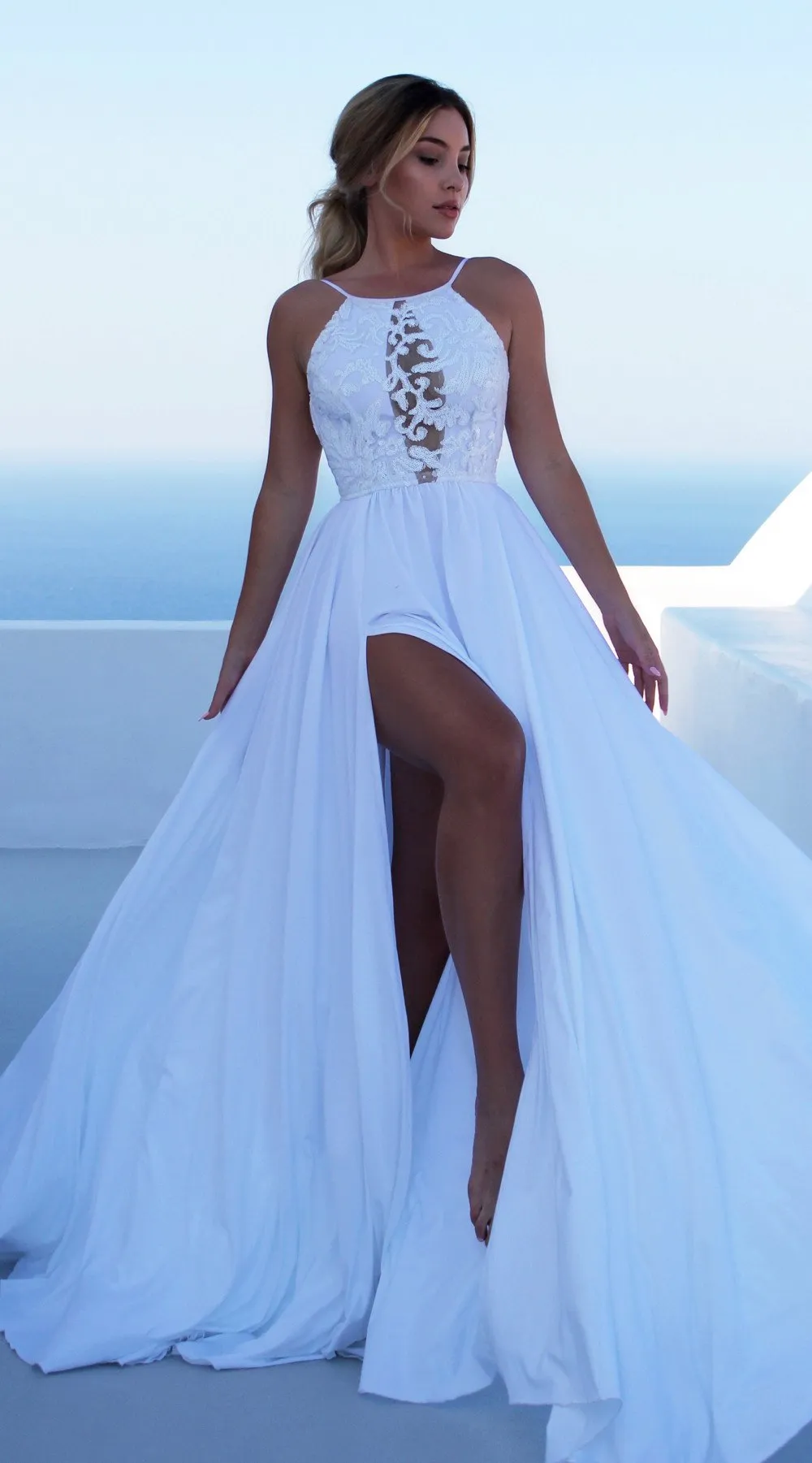 Mariage Bohemian Ivory Long Wedding Dress 2020 Sexy BOHO Wedding Gowns Scoop Spandex Lace Backless Chic Beach Bride Dresses Party