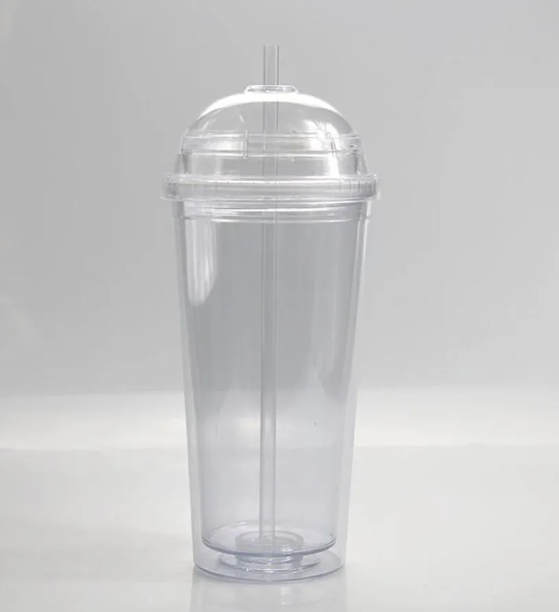 FedEx! 20 Unzen klare Acrylbecher mit Kuppeldeckel Stroh Plastiktrinkwasserflaschen Doppelwandige Kaffeemilchbecher A12