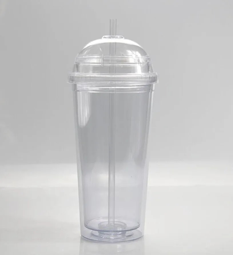 FedEx! 20 onças Acrílico claro Tumblers Com Dome tampa de plástico canudo Garrafas parede dupla de leite, café Copos A12