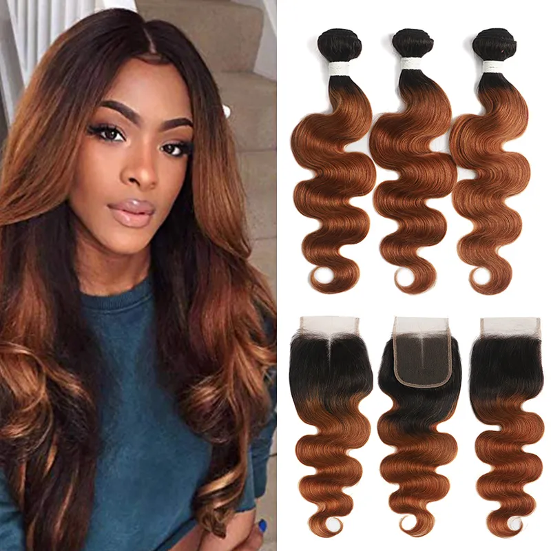 Dilys Ombre Färg Brasilianska Virgin Hårbuntar Med Förslutningar Body Wave Vrigin Mänskliga Hår Buntar Weft 10-28 tum