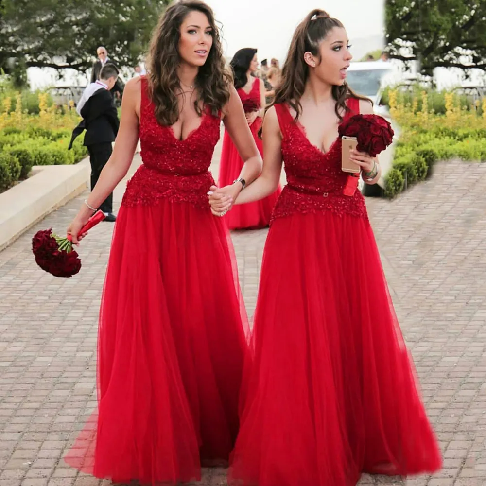 Sexy Rood Nieuwe Prom Jurken Lange Tulle Gown Sequin Lace Top Avondjurk Sexy V-hals Meisje Peplum Taille Belt Formele Toga