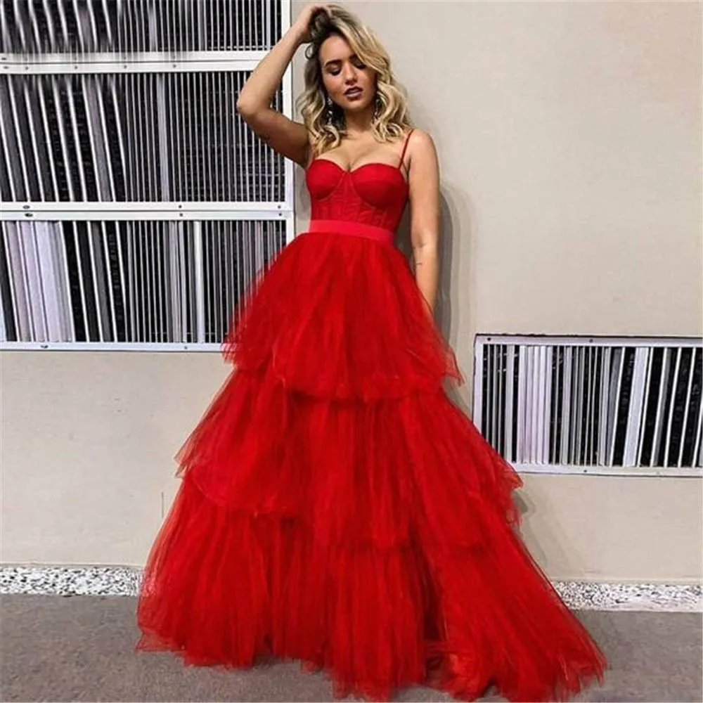 Red Evening Dress Tiered Long Corset Gown Tiered Long Formal Dress