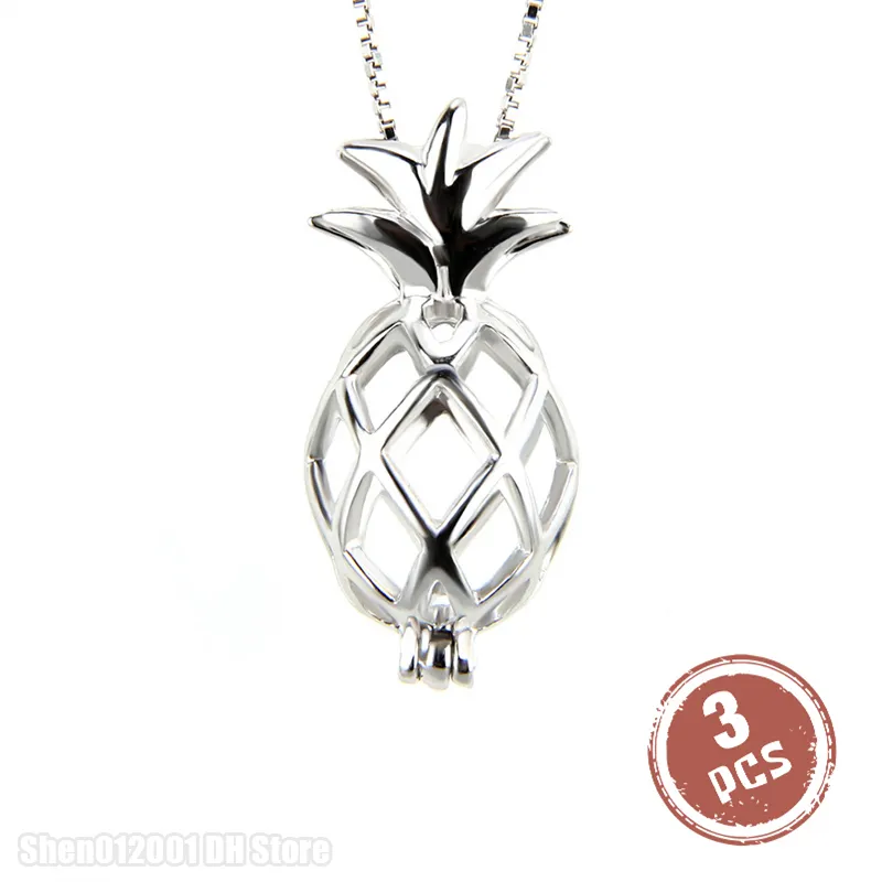 3pcs 925 Silver Pendant for Women Jewelry Charms Popular Fruit Hollowed Pineapple Cage Pendant Pearl Locket Y200903