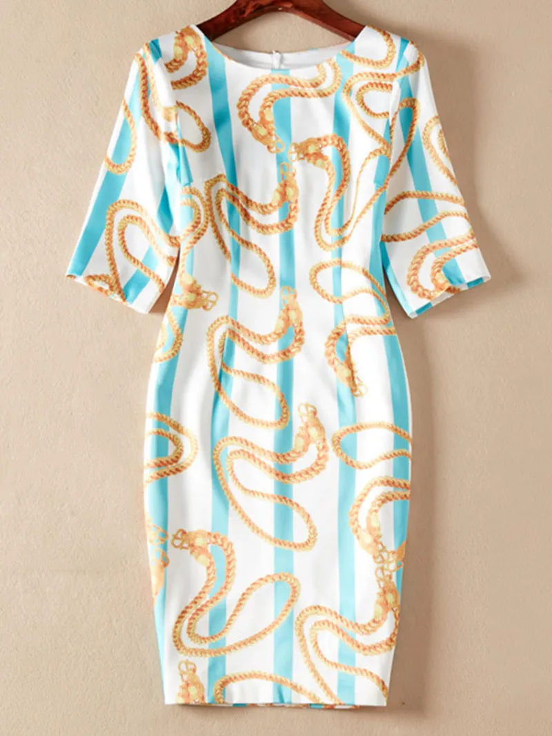 스트립 로프 인쇄 여성 칼집 드레스 라운드 넥 하프 슬리브 드레스