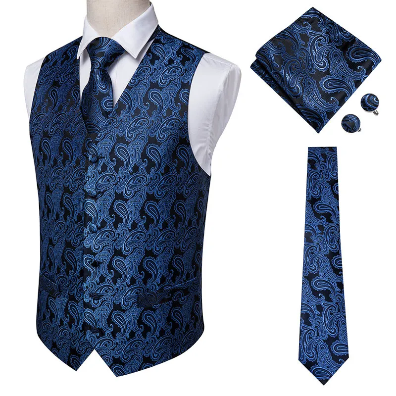 Hi-Tie Navy Paisley 100% Silk Dress Vest Set For Men Dark Blue Jacquard Men's Suit Vest Male Waistcoat For Wedding Formal Jacket 200924