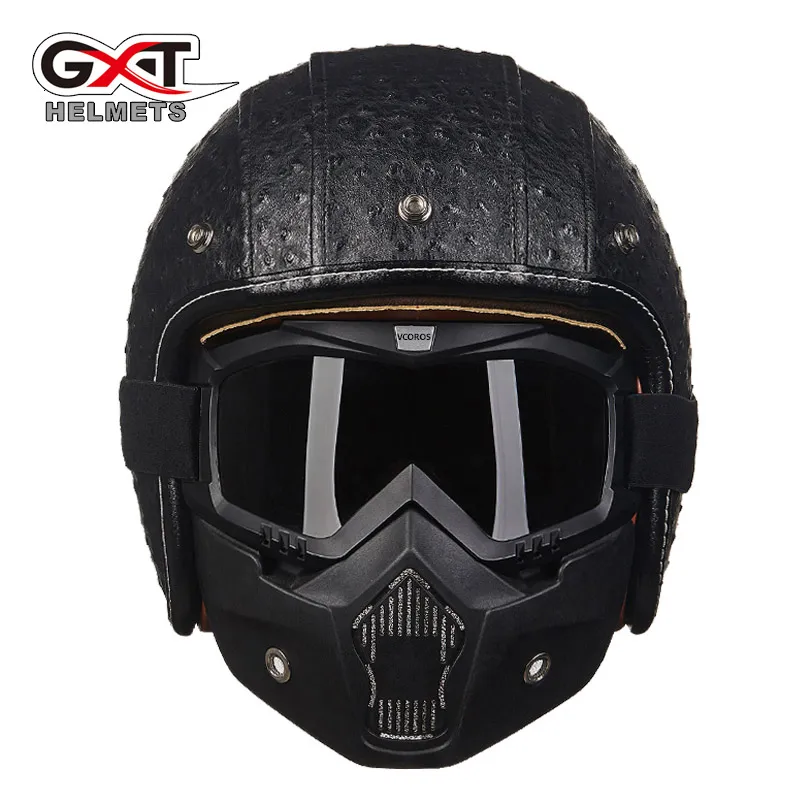 GXT PU Leather Motorcycle Helmet Route 66 Style 3/4 Open Face Retro