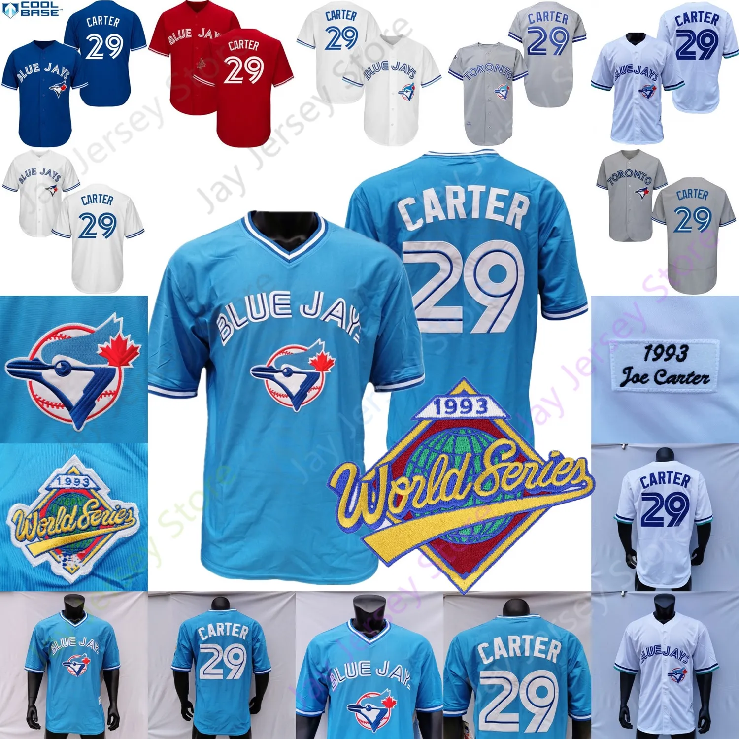 Joe Carter Jersey 1992 1993 WS Home Away Wit Grijs Groen Blauw Rode Knoop Pullover All Stitched