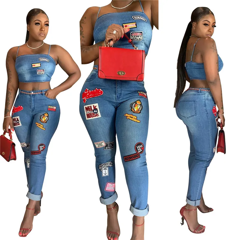 Women Sexy Two Piece Tracksuits Denim Matching Set Skinny Sling Top Straight Elastic High Waist Jeans