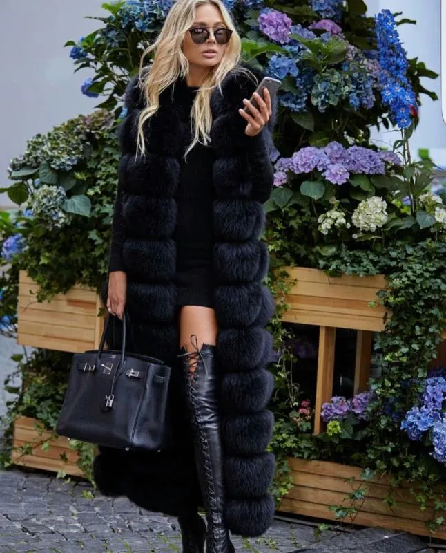 10steps 120cm Super Long Fur Vest Winter Women Luxury Faux Fur