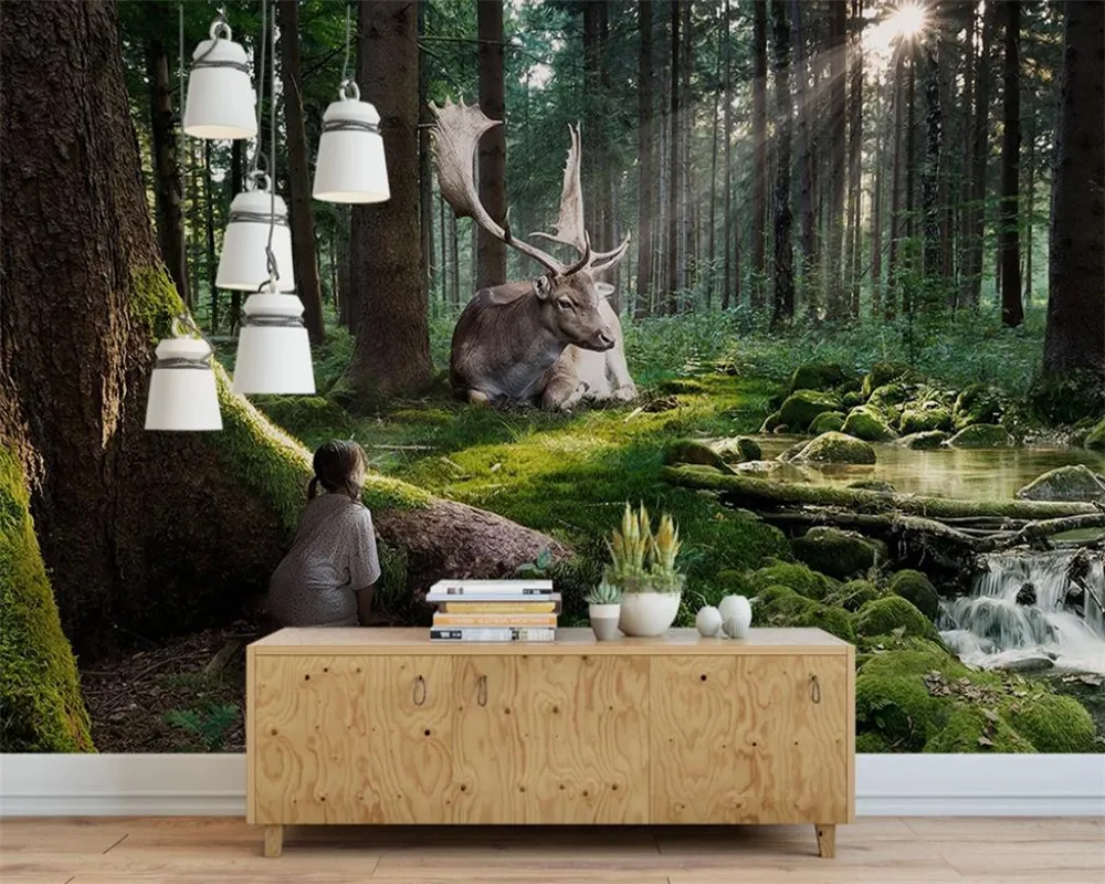 3d muur schilderij behang de beesten in het Nordic Dream Forest HD Landschap decoratieve zijde 3D Muurschildering behang