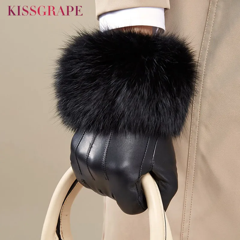 Luxury Quality Winter Women's Genuine Leather Gloves Female Warm Real Sheepskin Leather Gloves with Super Big Fur