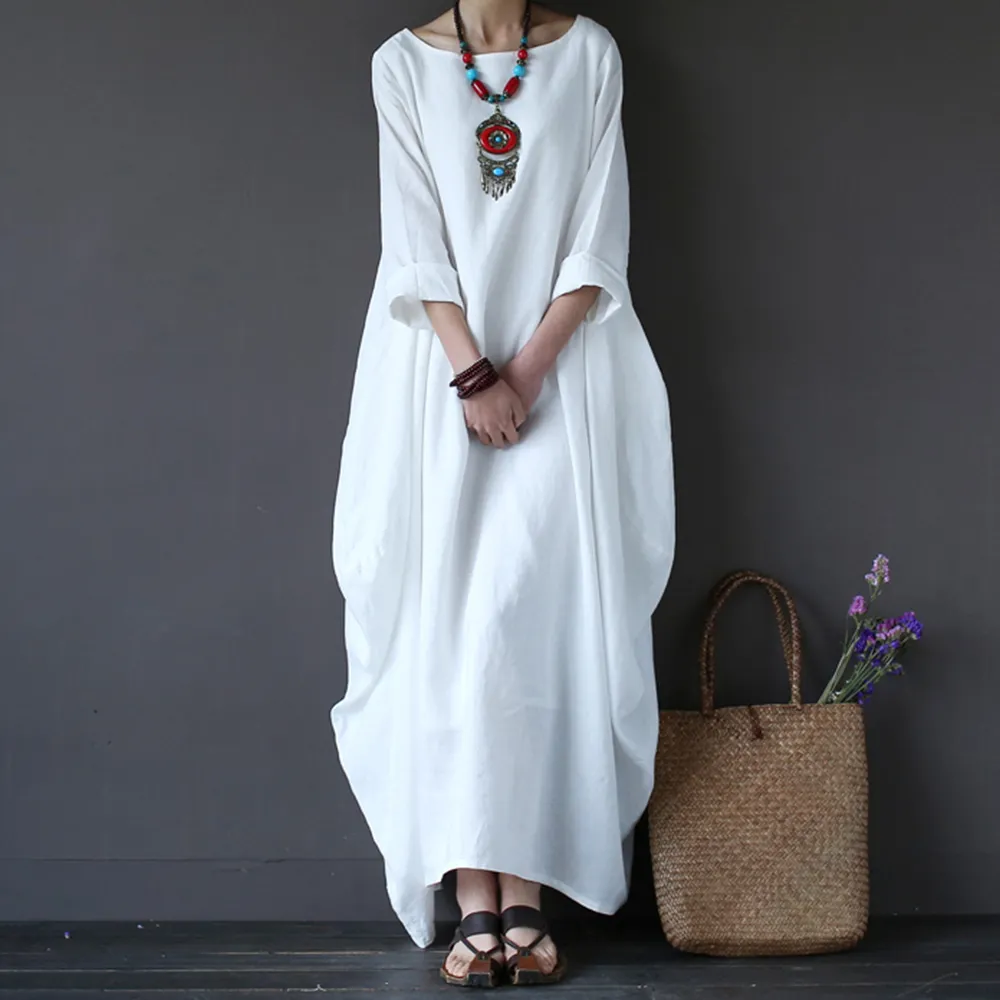 Cotton Linen White Maxi Dress for Women