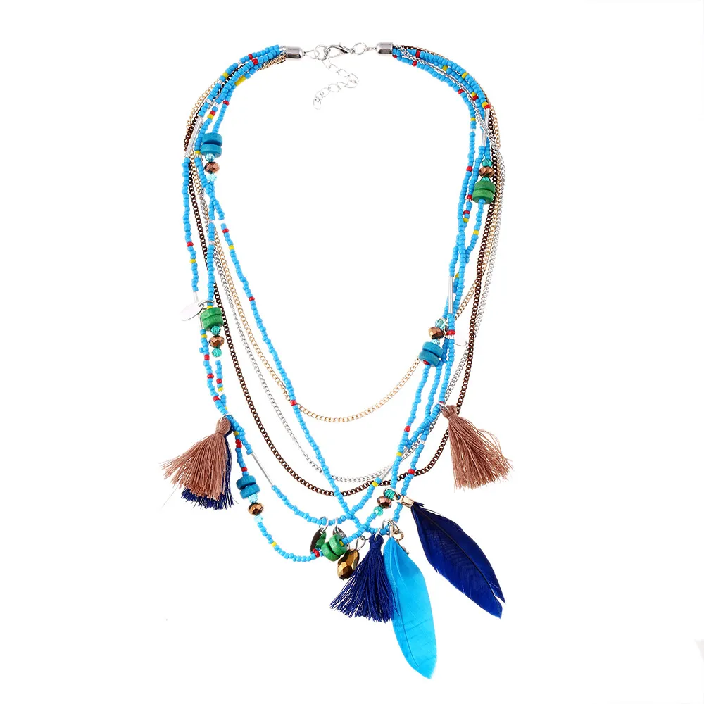 Collier de style ethnique exagéré luxueux Allmatch Collier en plumes de plumes en perles mélangées et collectes de perles de riz colorées assorties