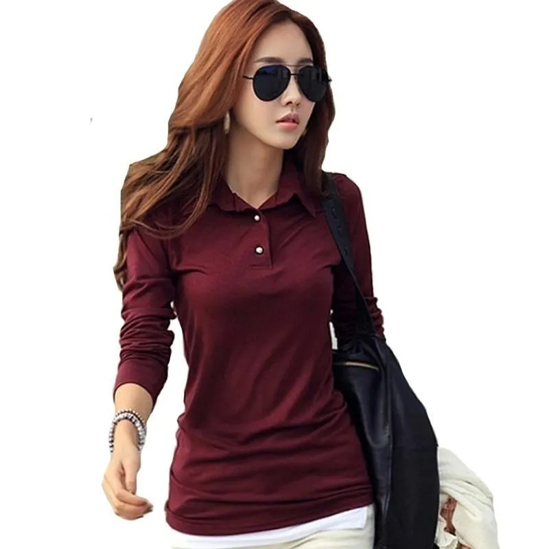 Japan Women spring Autumn Casual Polo New Long Sleeve Slim Polos Mujer Black White Red Women Tops For Lady Tees Shirts