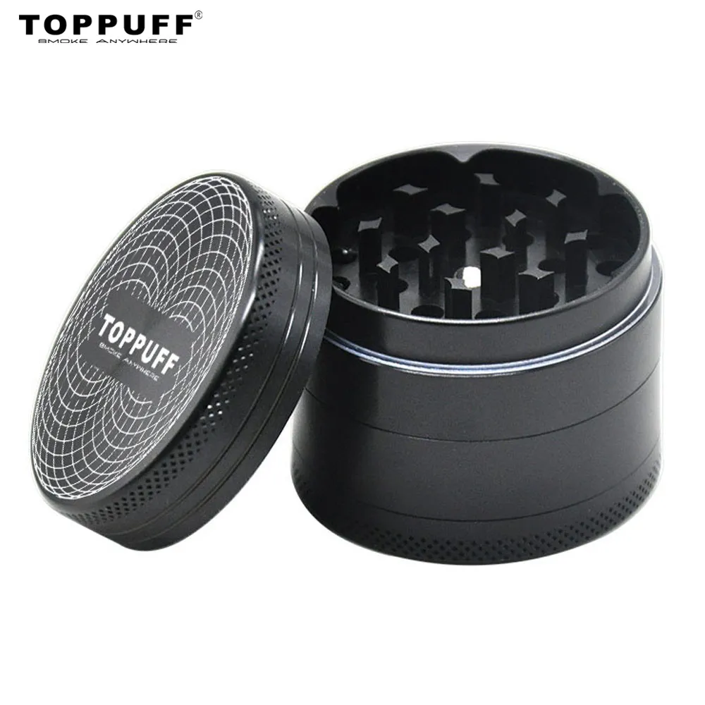 TOPPUFF Aluminum Herb Grinder 50MM 4 Pieces CNC Diamond Teeth Metal Tobacco Grinders Black Spice Crusher Different Pattern On Lid