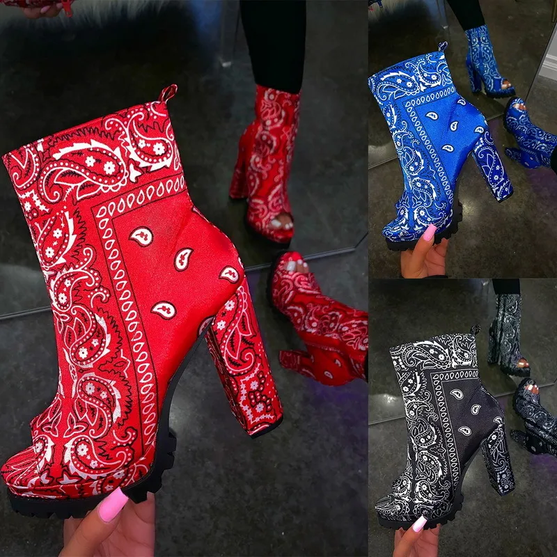 토템 인쇄 패션 발목 부츠 여성용 두꺼운 발 뒤꿈치 가을 겨울 무리 플랫폼 신발 하이힐 지퍼 숙녀 부츠 빨간색