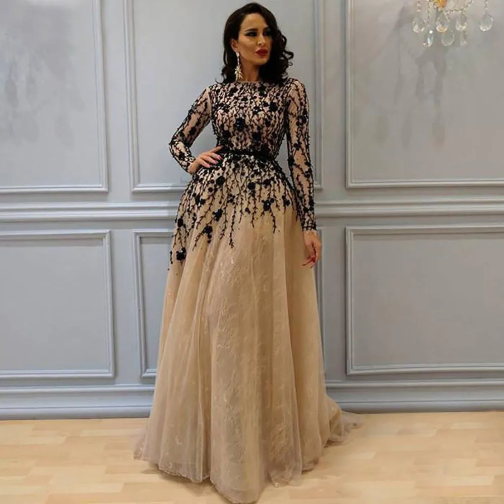 Élégant manches longues dentelle une ligne robes de soirée dentelle noire fleurs Tulle une ligne formelle robe de bal robes de soirée pour les femmes