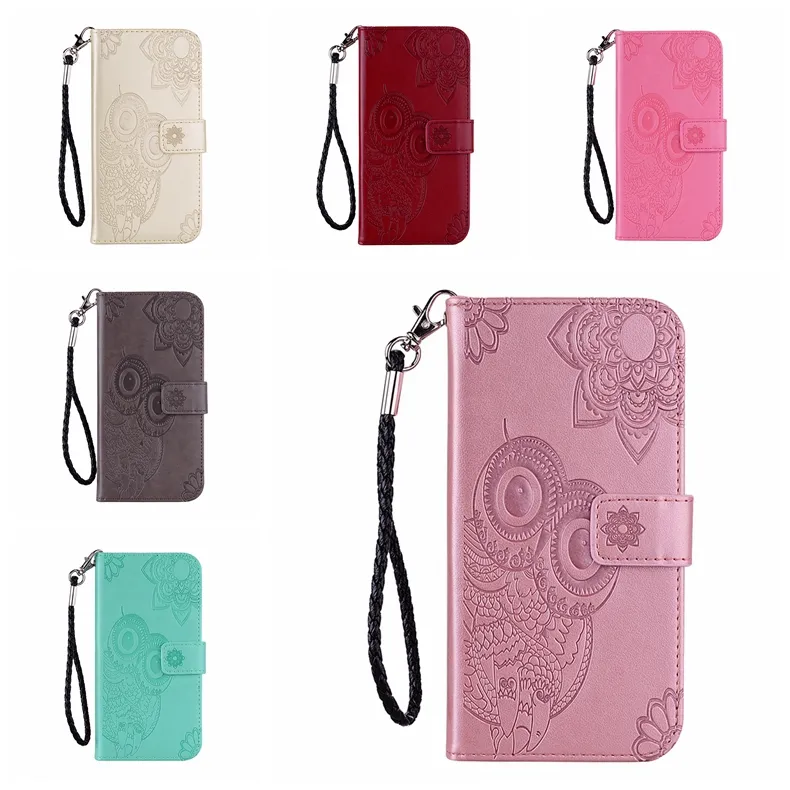 Étuis portefeuille en cuir avec empreinte de hibou pour iPhone 15 14 Pro Max X XR XS 8 7 Plus Samsung S23 FE A25 A15 A05S A05 Fleur Dentelle Mignon Fente Flip Cover Night Bird Holder Pochette Sangle