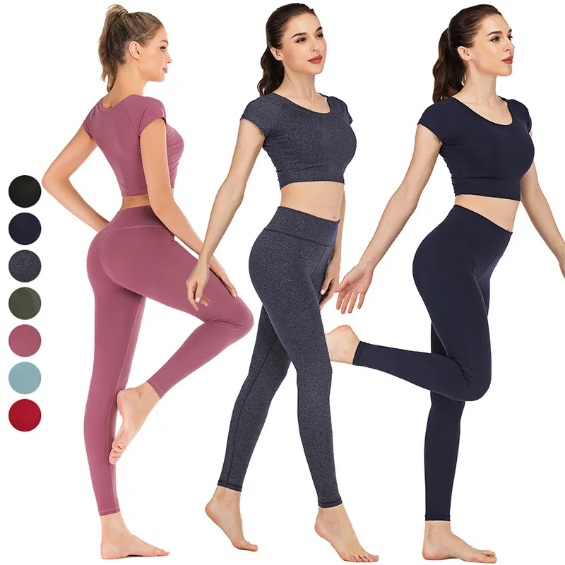 Mulheres sem costura yoga conjunto de manga curta top de alta cintura esporte leggings ginásio roupas esporte terno curto ginásio terno conjuntos de fitness para mulheres