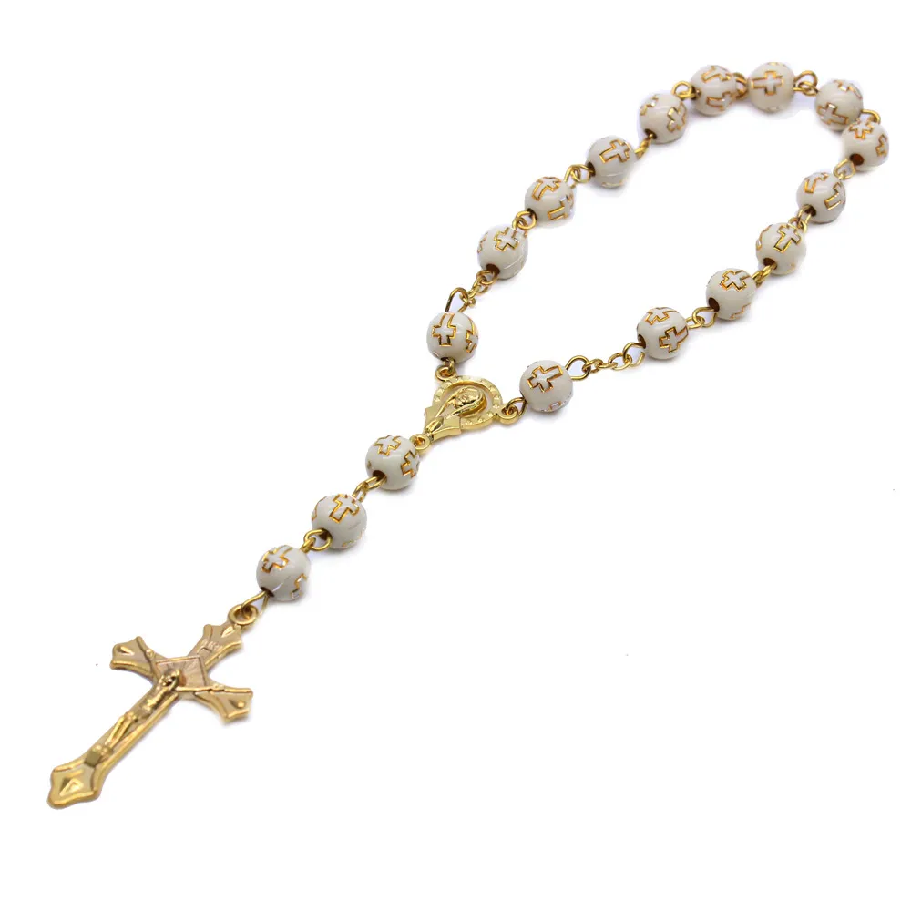 Bracciale con croce da appendere per auto, rosario, braccialetto con croce abbronzante in plastica