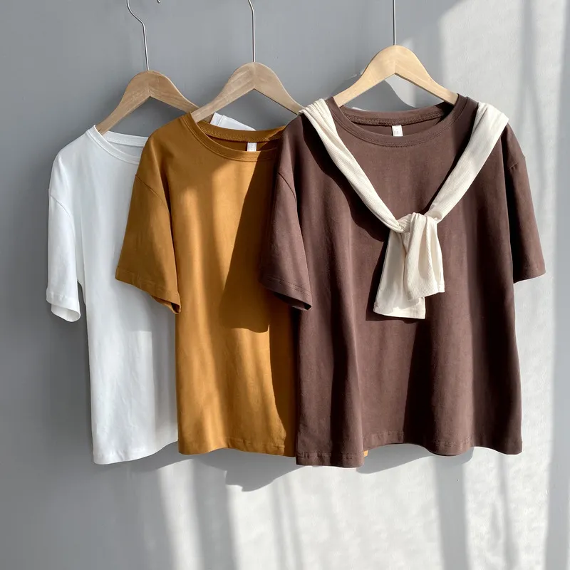 Venta caliente Mooirue primavera de algodón mujeres camiseta de manga corta Marrón Naranja simple camiseta básica tapas de la camisa