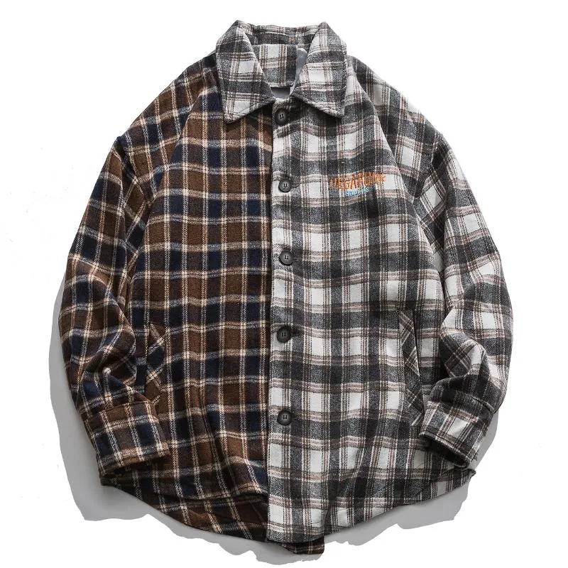 ヒップホップ格子縞パッチワーク長袖シャツ2020カラーブロックカジュアル原宿シャツストリートウェア秋の緩い綿のヴィンテージのシャツ