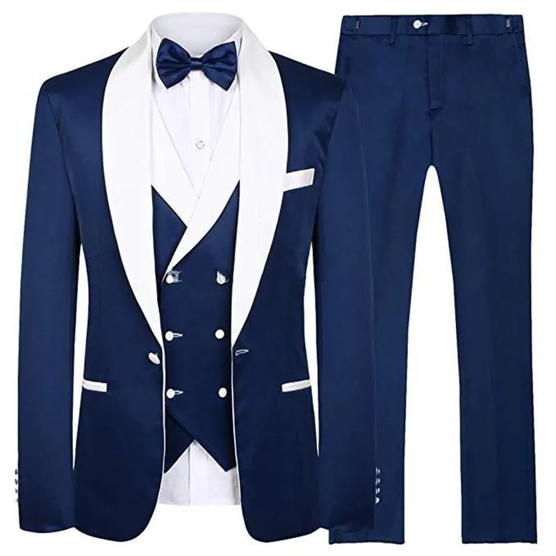 Fashion Navy Blue Groom Tuxedos Vit Sjal Lapel Groomsman Bröllop Tuxedos Men Prom Jacka Blazer 3 Piece Suit (Jacka + Byxor + Tie + Vest) 31