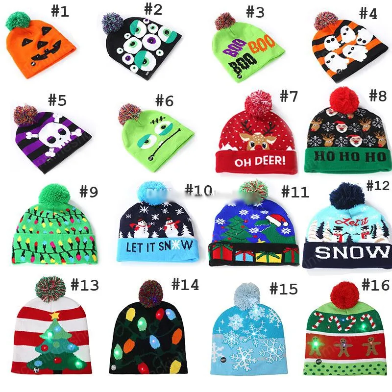 16 stili Led Natale Halloween Cappelli lavorati a maglia Bambini Baby Moms Inverno Berretti caldi Berretti all'uncinetto per pupazzi di neve di zucca Festival decorazioni per feste