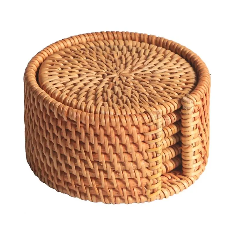 6Pcs / Set di sottobicchieri per bevande per accessori per il tè Kungfu Stoviglie rotonde Tovaglietta per piatti Stuoia per piatti in rattan Tappetino per tazze Diametro 8 cm