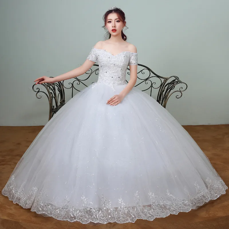 New Arrival Spring White Lace Rękaw Suknia Ślubna 2020 Koreański Styl Aplikacje Vestidos de Noiva Sexy Suck Boat Suck Bridal Sukienka