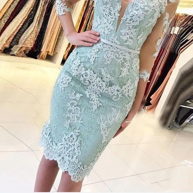 Mint Green Lace Mother of the Bride Dress Knee Length Short Sheath 3 5 Long Sleeve Illusion Formal Occasion Evening Prom Party Gowns