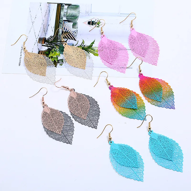 Bohemia Double Layer Leaf Tassel Drop Earrings Solid Gradient Rainbow Colors Leaves Dangle Earrings Jewelry for Women Christmas Gift