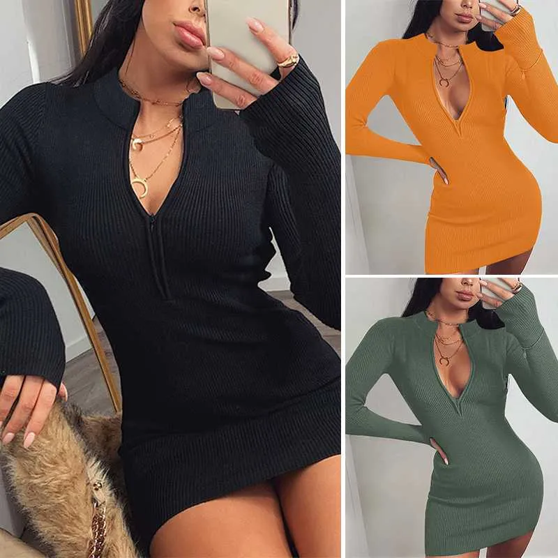 Lässige Kleider Damen Kleid Frauen Reißverschluss gestrickt Rollkragen Skinny Club Langarm Rippe Mini Herbst Sexy